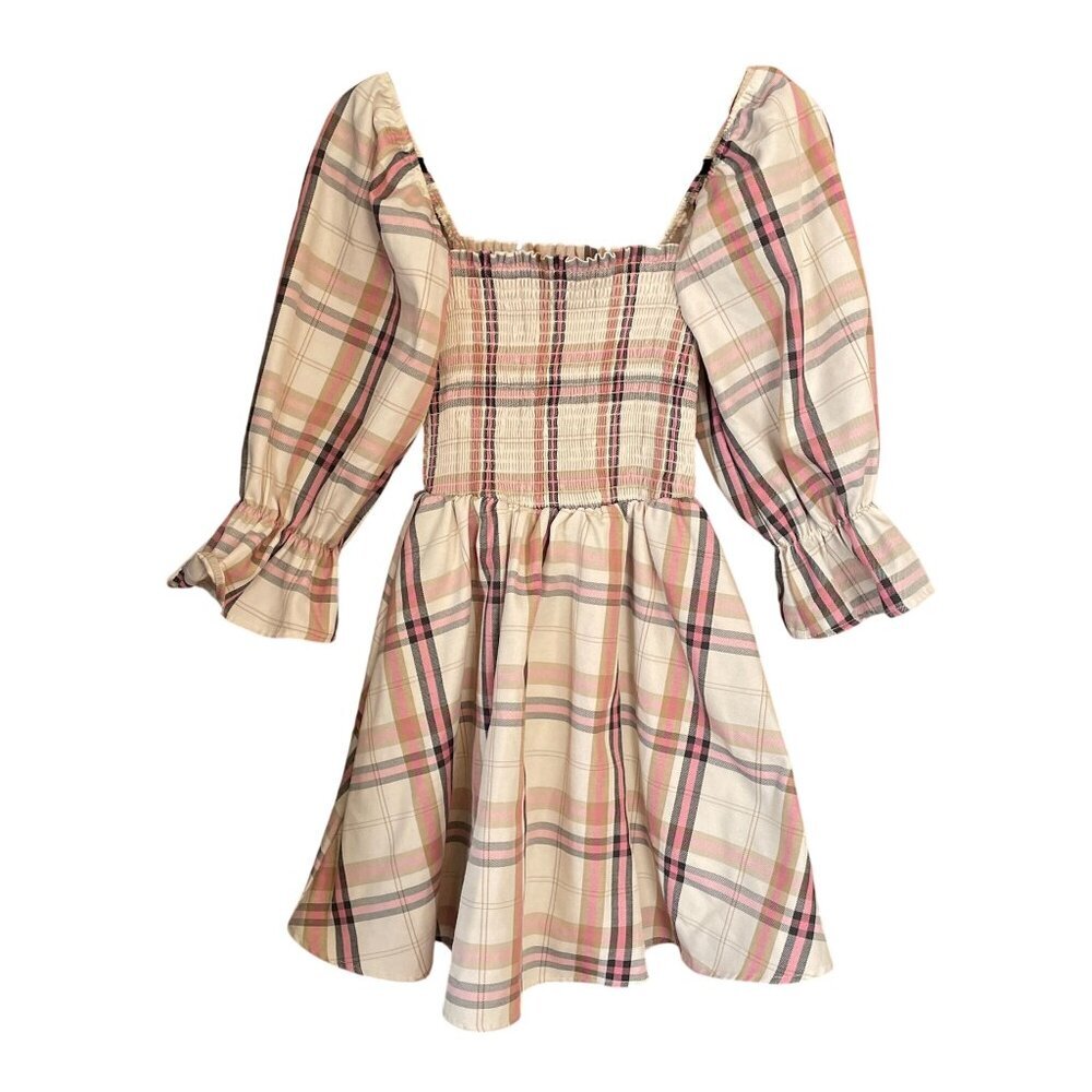 Audrey Parks x Francesca's Pink & Ivory Plaid Smocked Mini Dress SZ XS